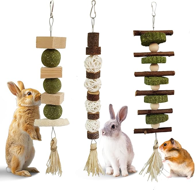 WDEFUN 3 PCS Bunny Chew Toys, Natural Hanging Rabbit Chew Toy Treats for Guinea Pigs Hamsters Gerbils Chinchilla and Other Small Pets for Teeth Grinding-Mewly Pet