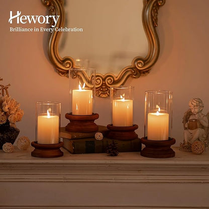 Hewory Hurricane Glass Candle Holder: 2PCS Rustic Brown Candle Holders for Pillar Candles, Vintage Decorative Wood Stand with Clear Glass Cover for Weddings Christmas Table Centerpiece Home Decor