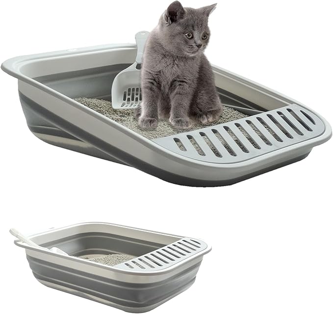 Low Entry Kitten Litter Box, Collapsible Shallow Litter Box Senior Cats Anti-Splashing Kitty Training Open Potty Pan Scoop Leak-Proof Pedal Cat Toilet No Smell Easy Clean-Mewly Pet