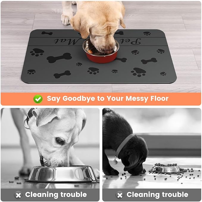 Pet Feeding Mat-Absorbent Pet Placemat for Food and Water Bowl, with Waterproof Rubber Backing, Quick Dry Water Dispenser Mat for Dog and Cat (16"x24", Dark Gray)-Mewly Pet
