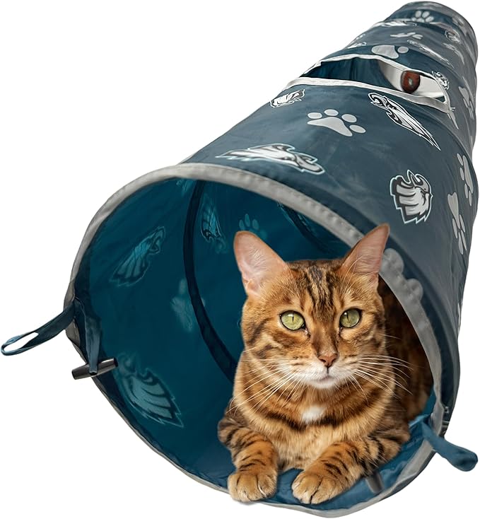 NFL Philadelphia Eagles Cat Tunnel Tube Toy with Plush Football Catnip and Feathers Collapsible Tunnel for Cats to Play, Peek and Hide, Sporty & Fun Cat Tunnel Toy with Team Logo All-Over Design!-Mewly Pet