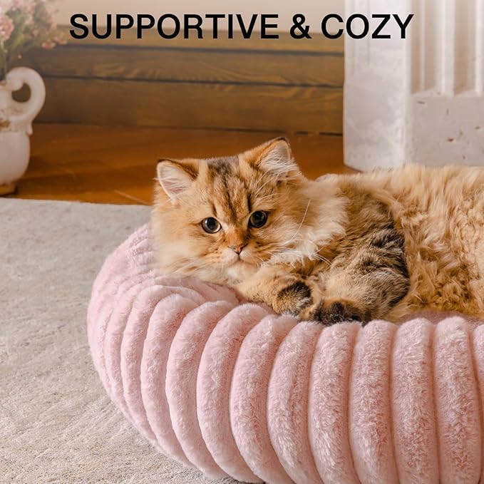 MEWOOFUN Donut Dog Beds for Small Dog, Calming Bed Round Cute Puppy Bed with Non-Slip Bottom, Fluffy Washable Pet Bed for Puppy and Kitten (Pink, XS (20x20x6))-Mewly Pet