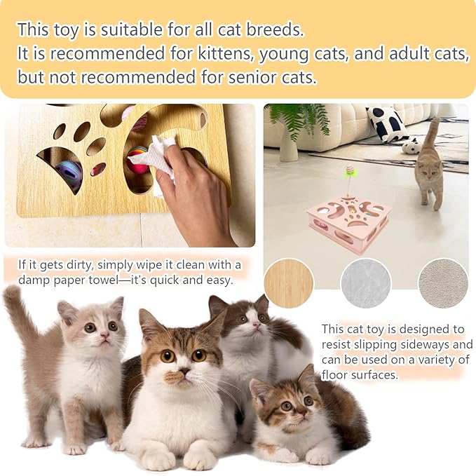 Interactive Wooden Cat Puzzle Toy Box Indoor Hunting Play Toy to Stimulate Your Cat’s Energy and Instincts (Pink)-Mewly Pet