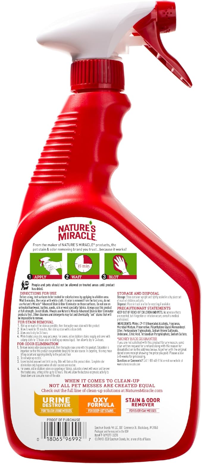 Nature's Miracle Advanced Cat Stain and Odor Eliminator Spray, Severe Mess Enzymatic Formula, 32 fl oz-Mewly Pet