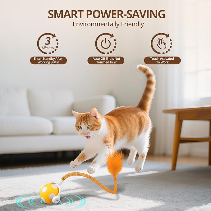 Cat Toy Ball,Interactive Cat Toy Ball with 3 Modes for Indoor Cat,The 2025 Generation Self Moving Cats Toy,Rolling Cats Toy with Feather & Bells for Bored Cats & Small dogs,Touch to Activate (Orange)-Mewly Pet