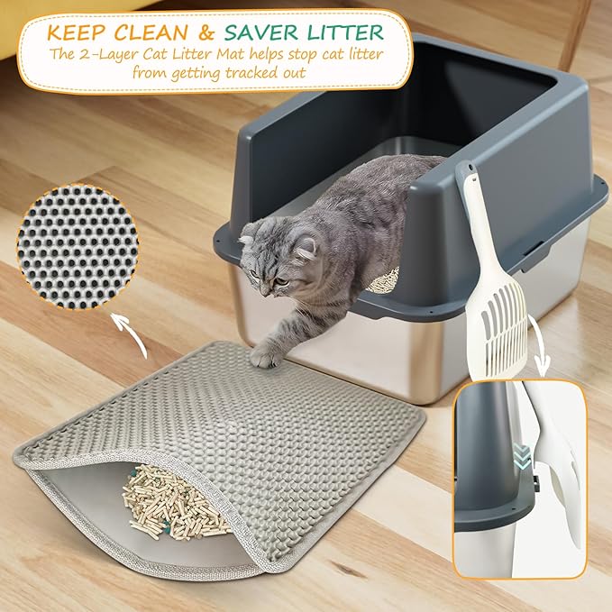 Stainless Steel cat Litter Box, Covered Metal Litter Box, cat Litter Pans with high Sides, Kitty Litter Boxes for Indoor Cats (Non Sticky, Easy to Clean, Anti-Urine Leakage) 17.5" L x 13.5" W x 6" H-Mewly Pet