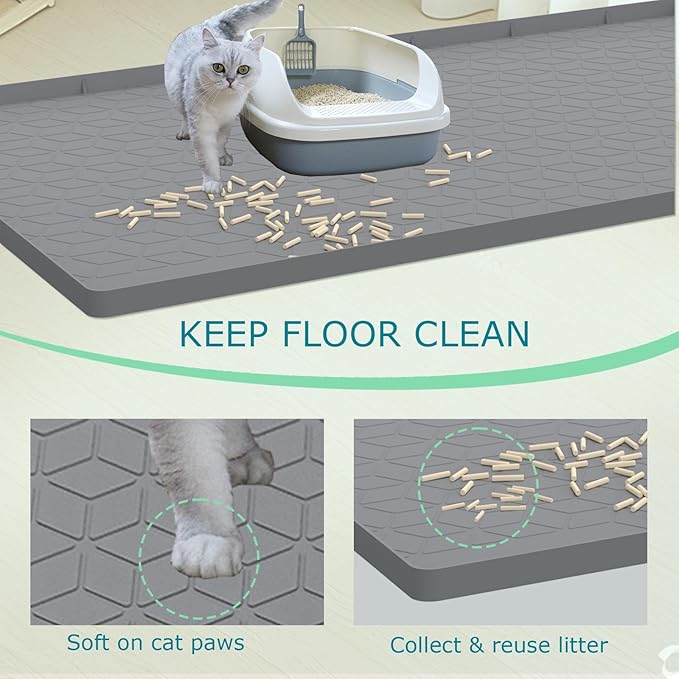 Cat Litter Mat for Litter Box, Silicone Large Cat Litter Trapping Mat - 28x22 in, Waterproof & Non-Slip, Durable & Easy Clean, Gray-Mewly Pet