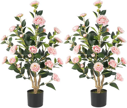 Artificial Camellia Tree 2 Pack, 36’’ Faux Camellia Plant in Pot with Pink Flowers, Greenery Potted Plant for Indoor Outdoor Office Home Porch Decor, Pink