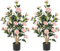 Artificial Camellia Tree 2 Pack, 36’’ Faux Camellia Plant in Pot with Pink Flowers, Greenery Potted Plant for Indoor Outdoor Office Home Porch Decor, Pink