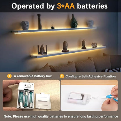 Battery Powered LED Strip Lights, COB Motion Sensor LED Strip Lights 20 inch x 3 Pack for Kitchen Under Cabinet Lighting, Shelves, Under Counter, Closet, Cordless Click Light, Warm White 3000K