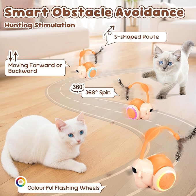 SlowTon Cat Interactive Toy for Indoor Cats - Remote Control Automatic Smart Moving Cat Toys with 2 Modes, Rechargeable Kitten Feather Toys for All Breeds of Bored Cats(Orange)-Mewly Pet