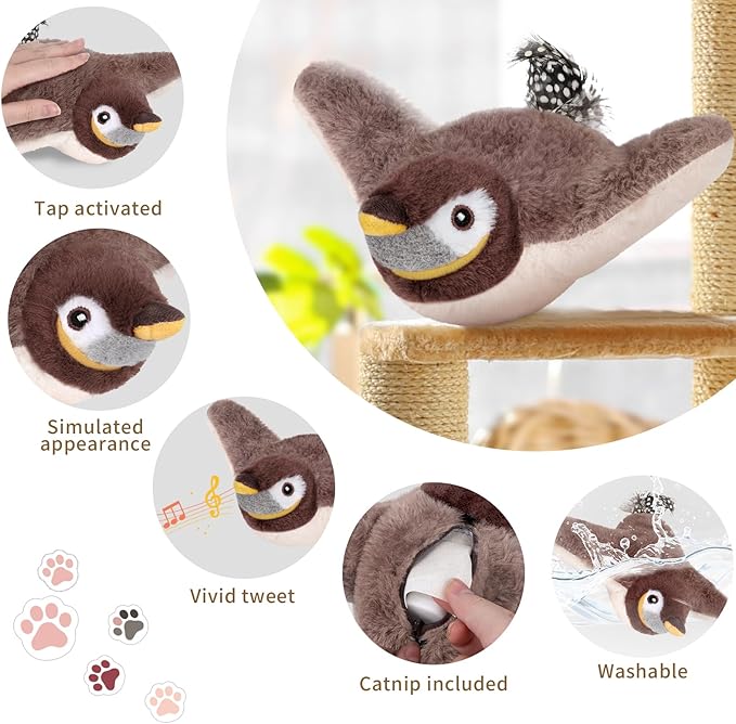 Cat Toys, Flapping Bird Cat Toy(No Flying), Interactive Catnip Toy with Springs & Catnip Bags, Chirping Noise Enrichment Moving Wings Dog Cat Kitten Toys, Flappy Flying Pets Toy for Indoor-Mewly Pet