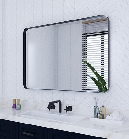 VocalStar Black Metal Framed Bathroom Mirror for Wall, 32 x 40 Inch Large Rounded Rectangle Matte Black Bathroom Vanity Mirror Farmhouse, 1/4-inch Shatterproof Glass | Ultra-Flush Hanging