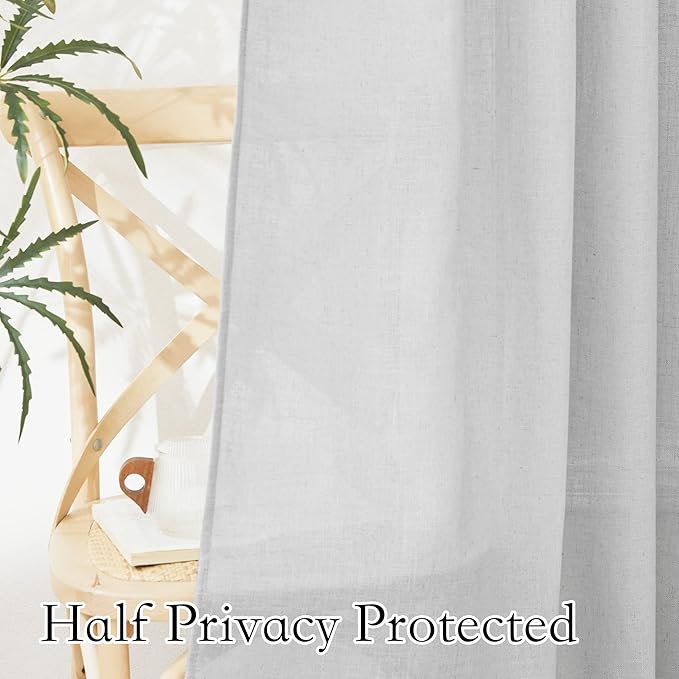 RYB HOME Curtains 95 inch - Subtle Linen Texture Sheer Curtains for Living Room, Glare Scattering Privacy Drapes for Bedroom/Doorway/Dining, Width 52 x Length 95, 1 Pair, Dove Grey