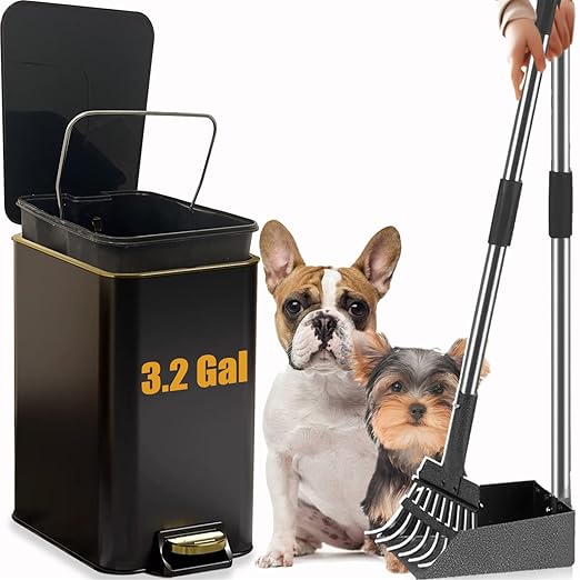 Dog Poop Trash Can Outside Stainless Steel - Metal Pooper Scooper Set - 12L Dog Waste Trash Can Outdoor with Pedal - Backyard, Yard - Removable Inner Bin, Long Handle Tray and Rake - Black and Gold-Mewly Pet