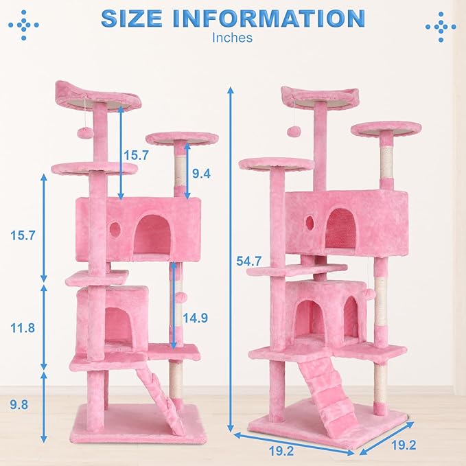 FDW Cat Tree 54in Cat Tower Multi-Level Durable Cat Scratching Post & Cozy Fun Cat Jumping Platform Space Saving Cat Condo Pet Play House for Indoor Cats,Pink-Mewly Pet