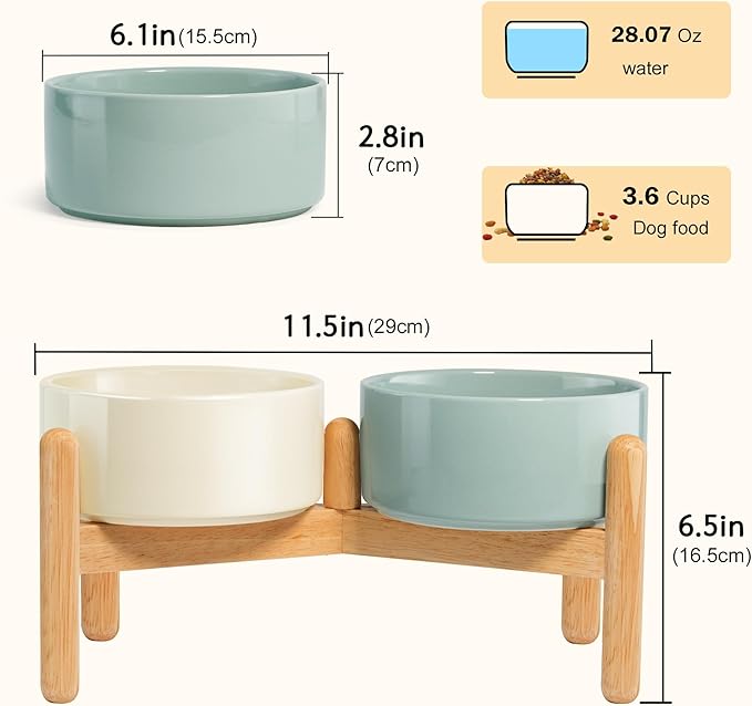 Wordcam Elevated Ceramic Dog Bowls,Raised Dog Dish with Stand,Pet Food and Water Feeding Bowls for Small Medium Dogs(6.5''Tall-28 Oz-3.6 Cups)-Mewly Pet