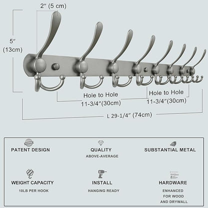 Dseap Coat Rack Wall Mount - 29.5” Long 8-Tri-Hooks Heavy Duty Coat Hanger Rail Wall Hooks for Hanging Coats Hats Clothing Clothes Purse Mudroom Entryway, Gray, Pack of 2
