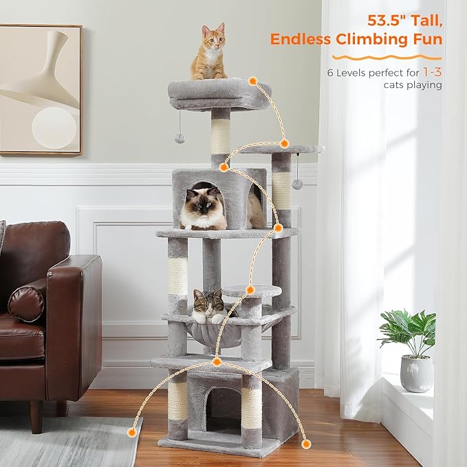 PAWZ Road Cat Tree, 53.5 Inches Tall Cat Tower with Spacious Hammocks, Condos and Scratching Posts, Cat House with Dual Padded Perches for Indoor Large Cats-Gray-Mewly Pet