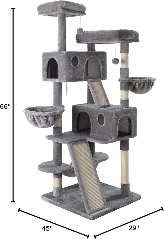 MUTICOR 66 Inches Multi-Level Large Cat Tree Tower for Indoor Big Feline/Cozy Plush Perches/Condo/Sisal Scratching Posts/Hammock and Baskets/Activity Center Play House/Wide Base/Grey-Mewly Pet