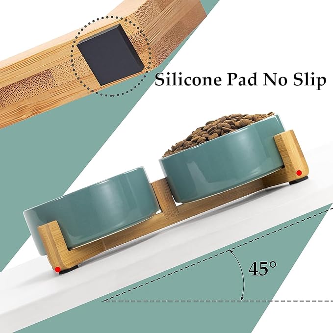 SPUNKYJUNKY Ceramic Dog and Cat Bowl Set with Wooden Stand, Modern Cute Weighted Food Water Set for Small Size Dogs (13.5OZ) & Medium Sized Dogs (28.7OZ) & Cats (1.7 Cups, 2 × Morandi Green)-Mewly Pet