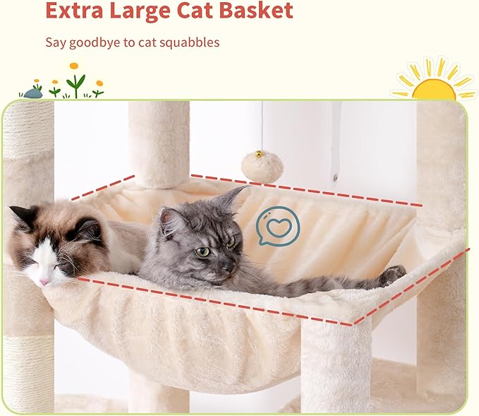 Hey-brother Tall Cat Tree Tower, Heavy Duty Scratching Posts with Large Platforms, Cozy Condos, Big Hammock, Toy Balls, Multi-Level Furniture for Indoor Adult Cats, 80.7 Inches, Beige MPJ039M-Mewly Pet