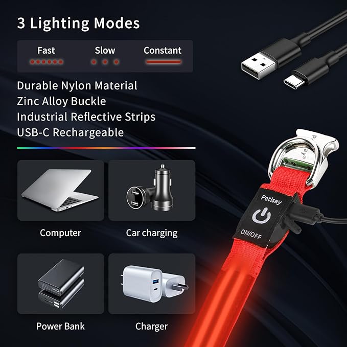 LED Dog Collar with Metal Buckle - USB Rechargeable Glow Collar for Dogs, Waterproof Light Up Dog Collar w/Reflective Strips - Adjustable Night Safety Collars by PetIsay(Red,Medium)-Mewly Pet