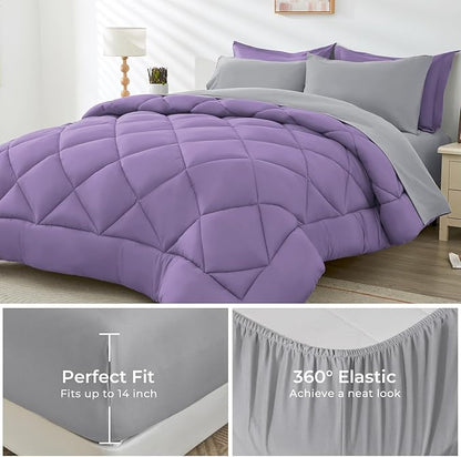 HEVUMYI Queen Comforter Set - 7-Piece All Season Bed in a Bag Queen, Ultra Soft Bedding Set with Comforter, Flat Sheet, Fitted Sheet, Pillowcases, Pillow Shams, Purple & Light Grey