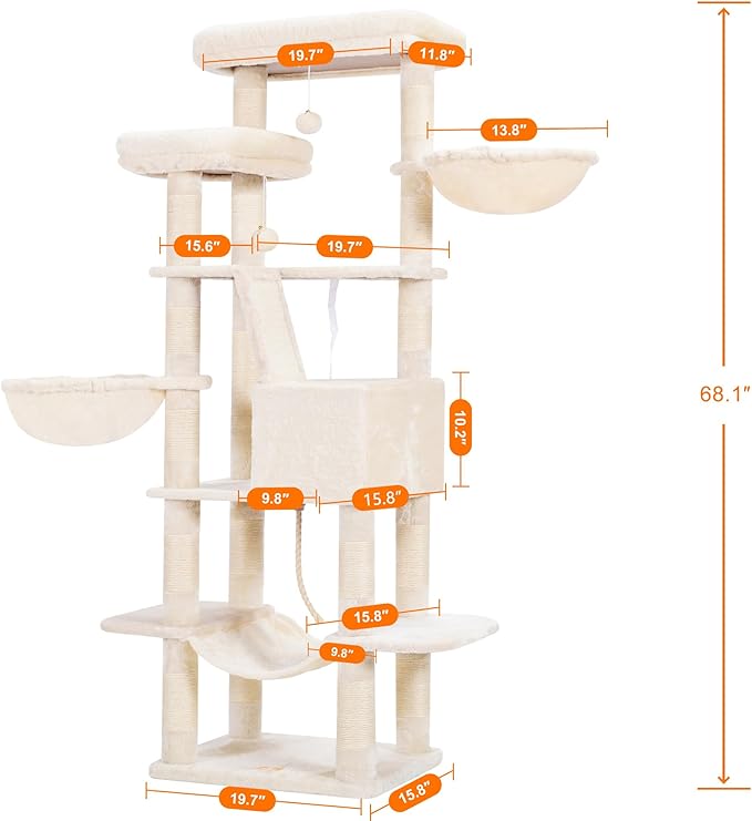 Heybly Cat Tree, 68 inch Multi-Level Cat Tower for Indoor Cats, 2 Widened Plush Perches Cat Condo with Scratching Board and Big Caves, Beige HCT025M-Mewly Pet