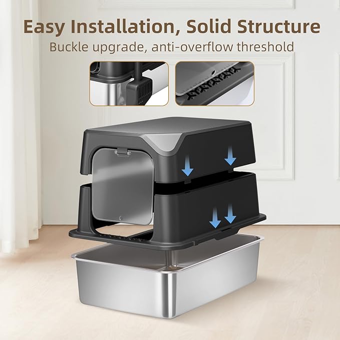 Stainless Steel Cat Litter Box with Lid, Extra Large, Great for Large & Small Cats, Easy to Clean, Anti-Leakage, Non-Sticky, Multifunctional 2 in-1 Metal Cat Litter Box - Black-Mewly Pet