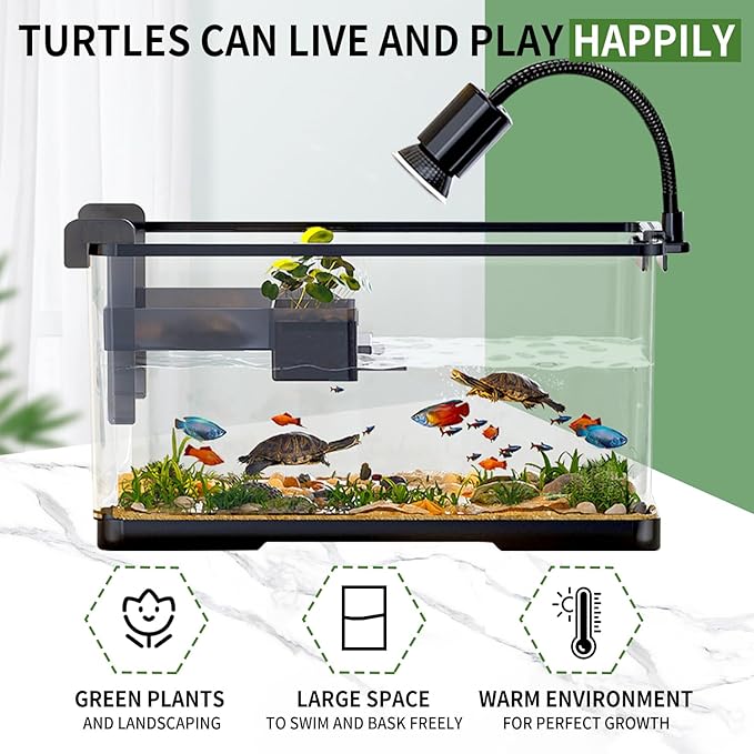 (Tank + Light + Filter Balls) Turtle Tank Kit, Turtle Tank Starter Kit,Bottom Drainage, Multi-Function Areas for Turtles, Crabs,Fishes, Amphibians,Reptiles. (11.81 × 7.88 × 7.88 Inch)-Mewly Pet