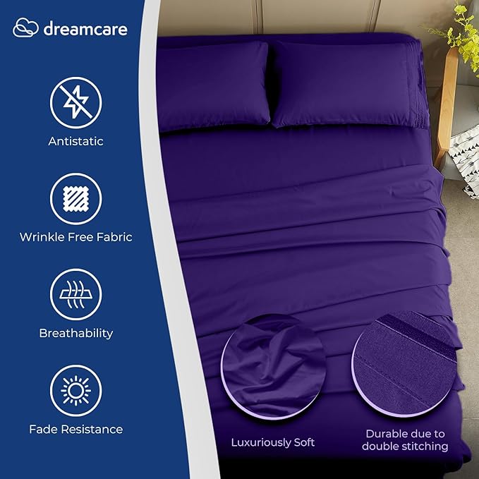 DREAMCARE Queen Sheet Set – 4 pcs Cooling Sheets – up to 21” Extra Deep Pocket Queen Sheets – Hotel Luxury Sheets & Pillowcases – Superior Softness 100% Fine Microfiber with Side Pocket – Purple