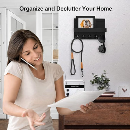 Key Holder for Wall, Decorative Key and Mail Holder with Shelf Has Large Hooks for Bags, Coats, Umbrella – Paulownia Wood Key Hanger with Mounting Hardware (9.8”W x 6.7”H x 4.2”D)