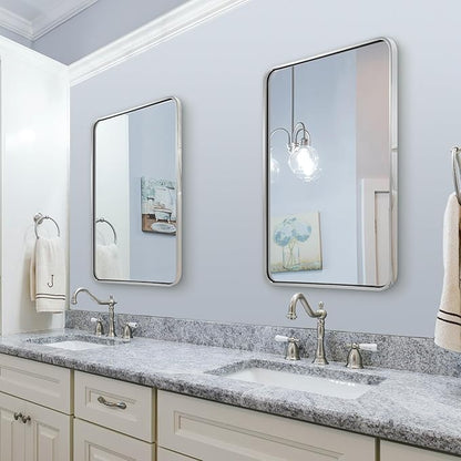 ANDY STAR 28x36 INCH Brushed Nickel Mirror, Rounded Rectangle Brushed Silver Metal Framed Mirrors for Bathroom Anti-Rust SUS304, Tube Metal Frame, 1’’ Deep Wall Mounted Vertically/Horizontal