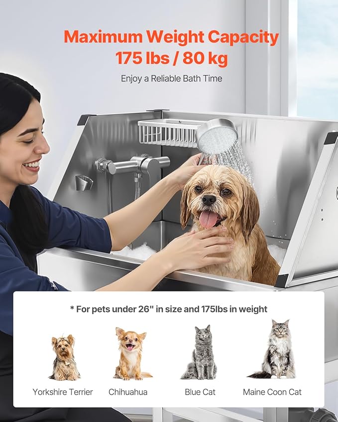 VEVOR Stainless Steel Dog Washing Station, 34 inch Pet Grooming Tub w/Faucet & Showerhead & Soap Holder & Play Balls Simple Dog Bathtub for Multiple Pets, Home Washing Sink-Mewly Pet