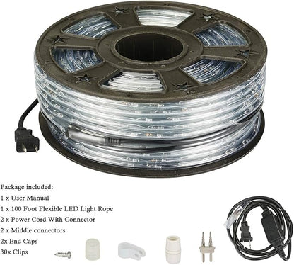 100Ft Blue LED Rope Lights, Outdoor String Lights Waterproof Decorative Lighting for Indoor/Outdoor, Camper Lights for Outside, Deck, Patio, Eaves, Backyards Garden, Christmas Decorations