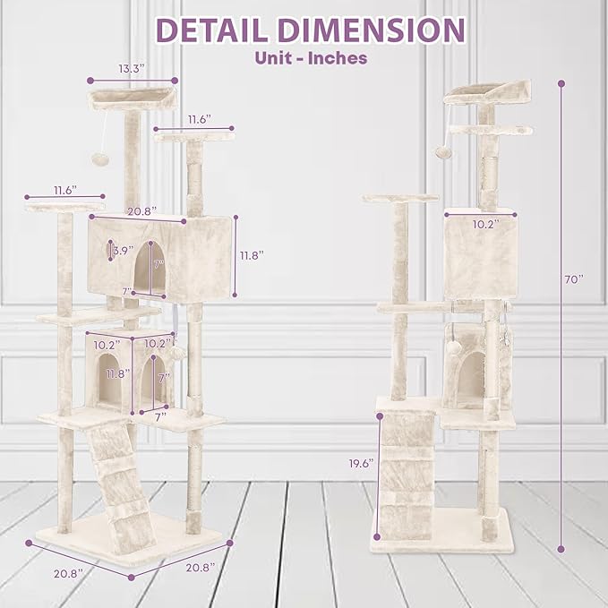 70 Inches Cat Tower for Indoor Cats Multi-Level Cat Condos XL Cat Tree Climbing Tower with Scratching Posts, Hanging Toys, Beige-Mewly Pet