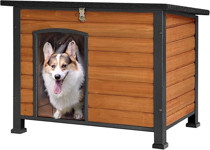 GUTINNEEN Chew Proof Dog House with Metal Iron Frame Outdoor Dog Kennel for Small Medium Large Indoor Dog Cage (33.5" L,Brown Color)-Mewly Pet