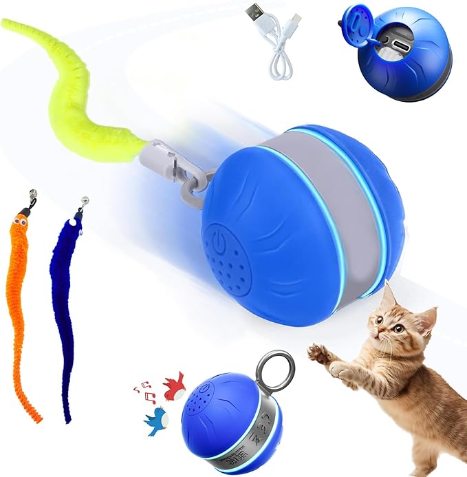 Interactive Cat Toys for Indoor Cats with 3 Mouse Tails,Electric Cat Ball Toy with Bird Chirping Sounds,Automatic Spinning Moving,300mAh Long Endurance Type-C Rechargeable,Pet Cat Supplies (Blue)-Mewly Pet