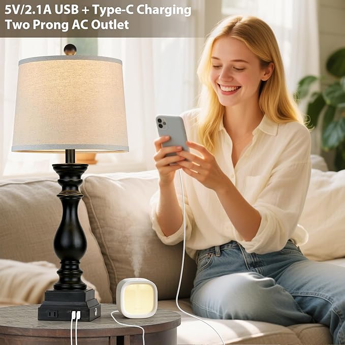 28" Farmhouse Table Lamps Set of 2 with USB C+A Ports and AC Outlet, 3 Way Touch Tall Vintage Bedside Lamp for Living Room, Black Rustic Nightstand Lamp for Bedroom Office