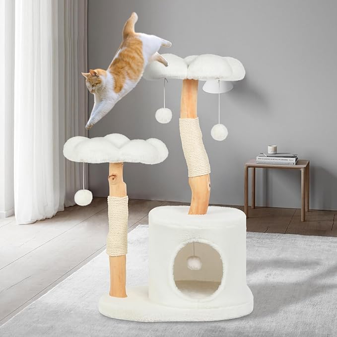 Cute Cat Tree Tower for Indoor Cats Adult, Wood Flower Cat Trees with 6 Pompoms, Modern Cat Tree Tower with Scratching Post, Aesthetic Luxury Cat Condo for Cats Kitten, Alpine White-Mewly Pet