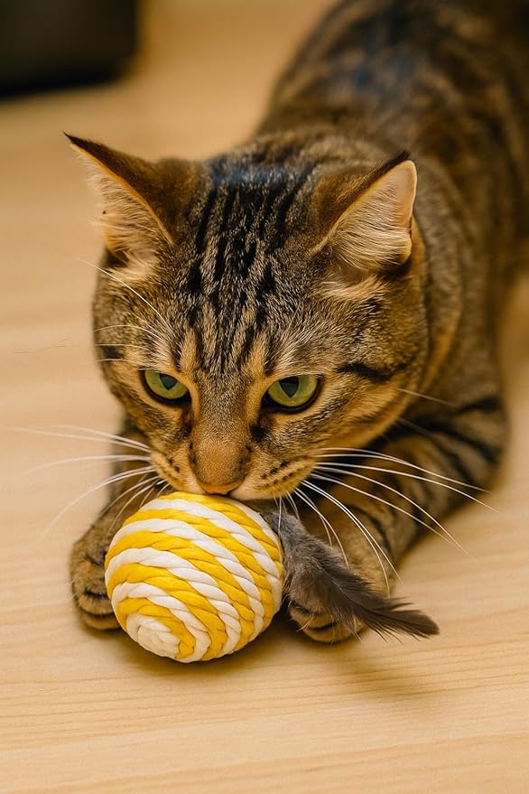 Ball for cat with Feathers - Balls for Cats – Natural Toy for Indoor Cats – Eco-Friendly, Durable, Interactive Play Balls for Kittens – Pet-Safe Chew & Scratch Toys (Yellow)-Mewly Pet