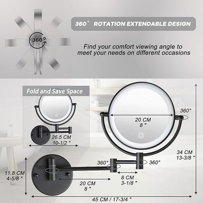 Brushed Brass Lighted Wall Mounted Mirror Magnifying 1×10×, 8-Inch Rechargeable Double Sided, Touch Dimmable Extended Arm 360 Rotation Cosmetic Mirror for Bathroom, Matt Black