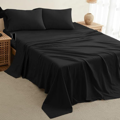 DREAMCARE Queen Size Sheets - Cooling Bed Sheets - 4pcs Set - up to 15" Deep Pocket Queen Sheet Set - Sheets Queen Size Bed - Soft & Long Lasting 100% Fine Brushed Polyester with Side Pocket - Black