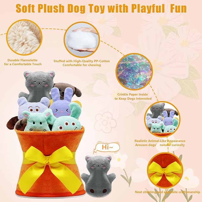 Squeaky Dog Toys, 11 Pcs Interactive Dog Plush Toy Collection in Flower Bouquet Packaging,10 Adorable Animal Plushies for Endless Play & Training-Mewly Pet