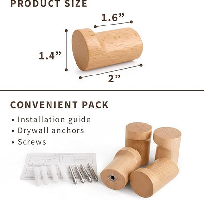 Natural Wooden Wall Hooks - Pack of 4 - Wall Mounted Hook - Modern Wood Coat Rack - Decorative Wooden Pegs for Hanging Hat, Towel, or Purse (Beech Wood)