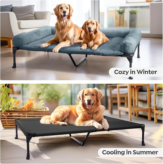 Veehoo Cooling Elevated Dog Bed with Fluffy Plush Bolster Cushion, Indoor Raised Dog Beds for Large Dogs, Soft Pet Sofa Cot with Removable Washable Mat, No-Slip Feet, 49 x 33 inches, Haze Blue-Mewly Pet