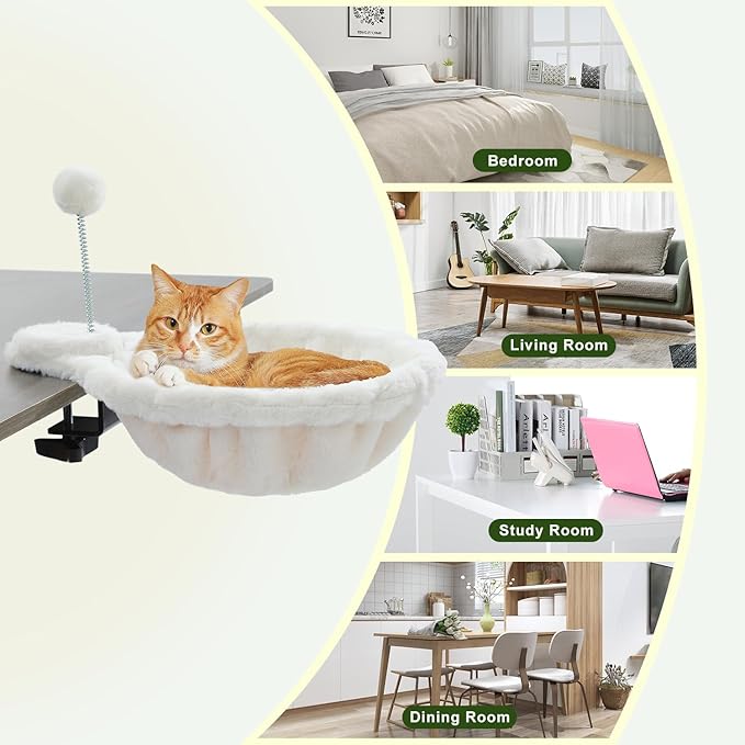 PAWZ Road Cat Bed for Desk with Interactive Plush Ball, 12 Inches in Diameter,Space-Saving Cat Desk Bed, White Cats Hammock for Table Supports Up to 40lbs, Medium-Mewly Pet