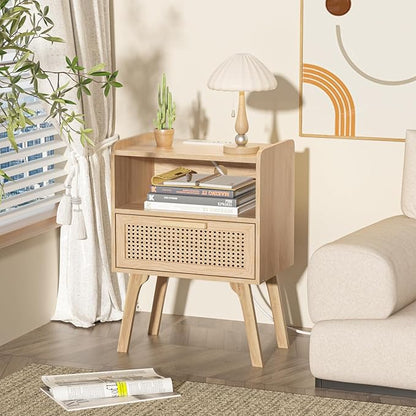 Lerliuo Rattan Nightstand with Charging Station, Boho Night Stand with Handmade Natural Rattan Drawer and Open Shelf, Cane Accent Side End Tables with Solid Wood Legs for Bedroom, Dorm, Small Spaces
