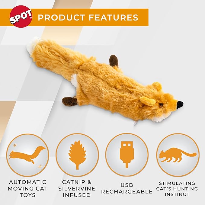 SPOT Flippin’ Skinneeez Fox - Interactive Cat Toy with Catnip - Touch Activated Flopping, Wiggling, Moving Toy for Cats and Kittens, USB Rechargeable, Washable, Large Size for Cats to Hug and Kick-Mewly Pet